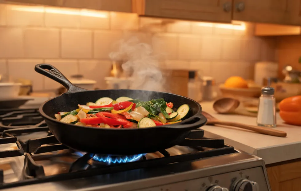 Lodge cookware on a kitchen range